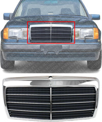 Front Grille Chrome Shell & Gray Insert Direct Replacement Compatible With 1986-1993 Mercedes Benz E-Class MB1200129 1248800783