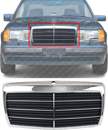 Front Grille Chrome Shell & Gray Insert Direct Replacement Compatible With 1986-1993 Mercedes Benz E-Class MB1200129 1248800783