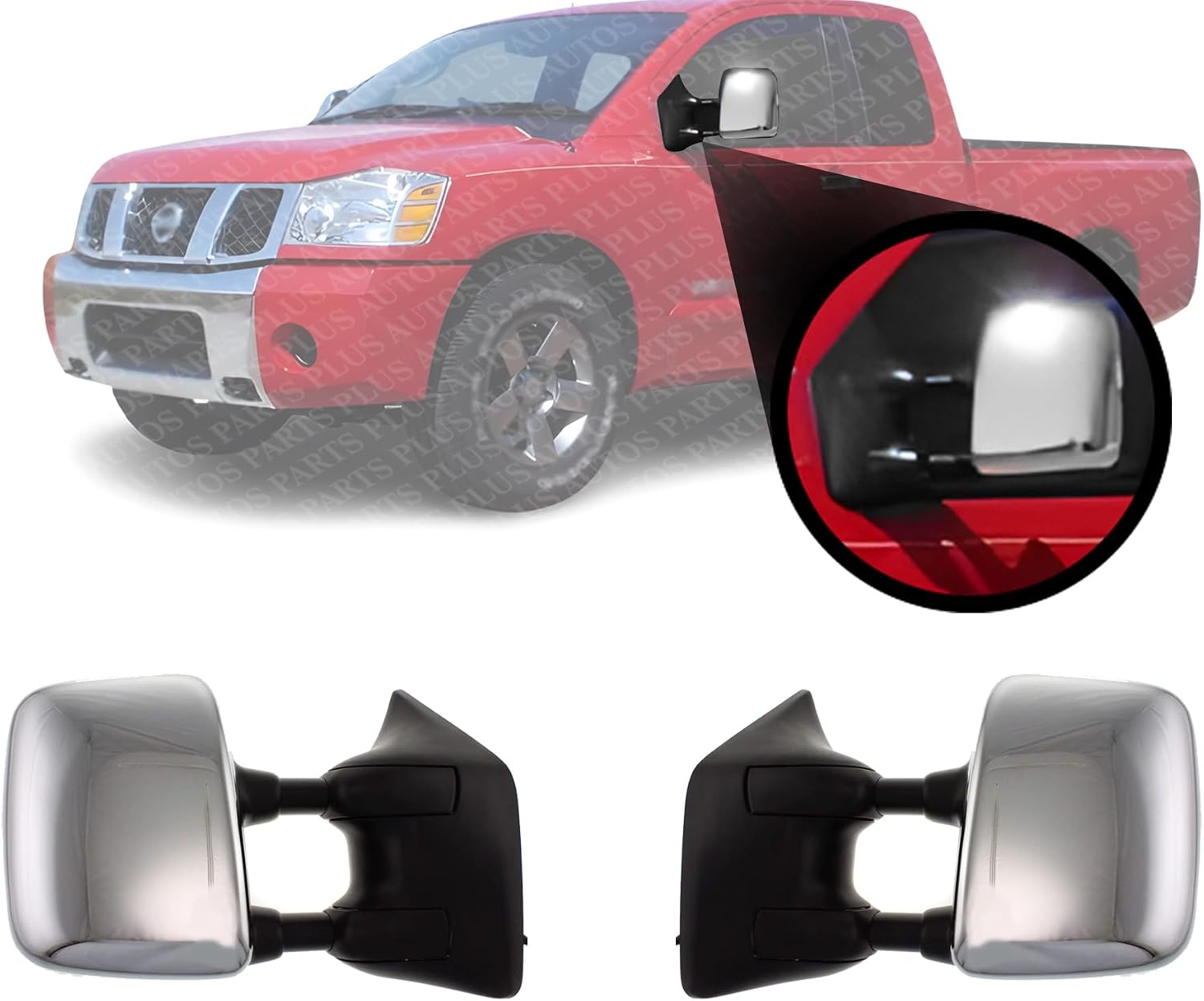 Set Of 2 Front Power Mirror Manual Folding Heated Chrome Plastic Left Driver & Right Passenger Side Direct Replacement Compatible With 2004-2005 Nissan Titan SE NI1321202 NI1320202