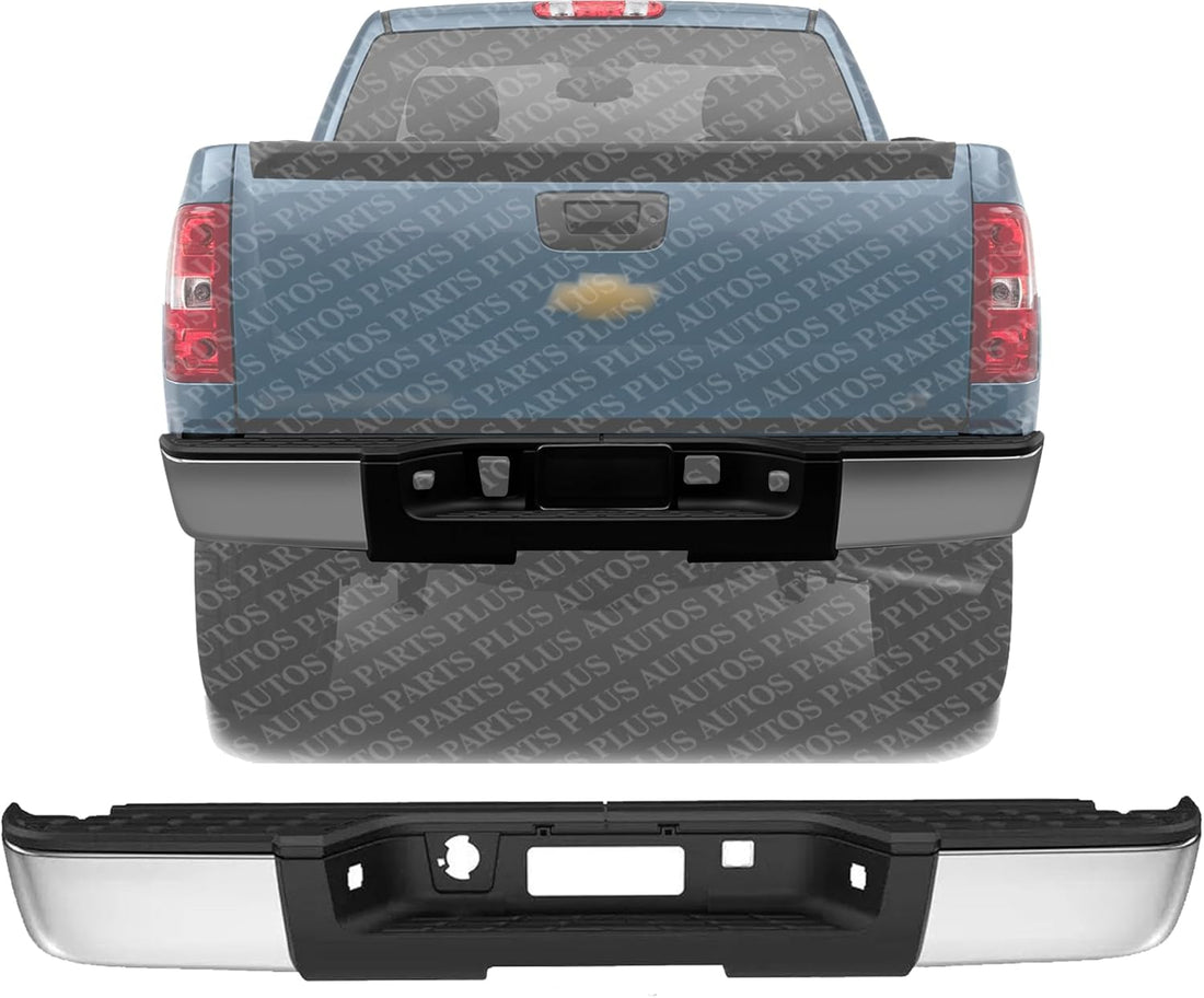 AUTOS PARTS PLUS Rear Step Bumper Assembly Chrome Without Parking Aid Sensor Holes Direct Replacement Compatible With Chevrolet Silverado & GMC Sierra 1500 2007-2013 GM1103147 7T1Z17906BA