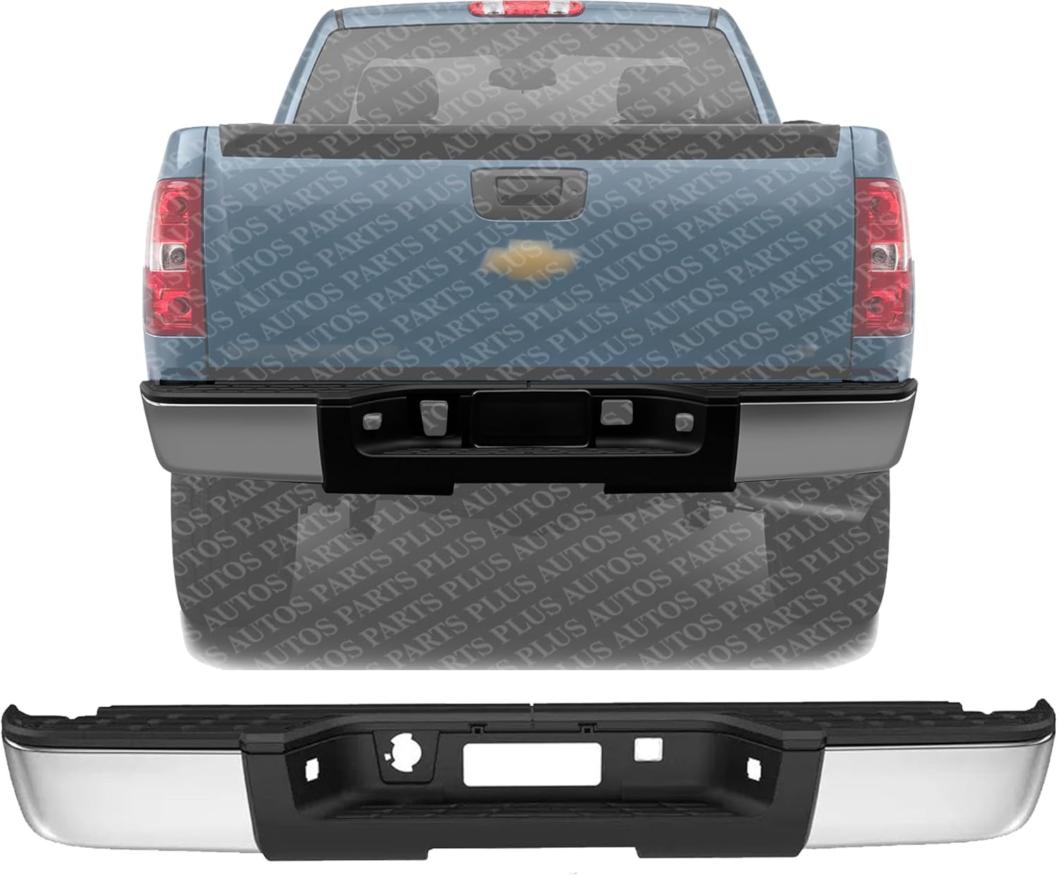 AUTOS PARTS PLUS Rear Step Bumper Assembly Chrome Without Parking Aid Sensor Holes Direct Replacement Compatible With Chevrolet Silverado & GMC Sierra 1500 2007-2013 GM1103147 7T1Z17906BA
