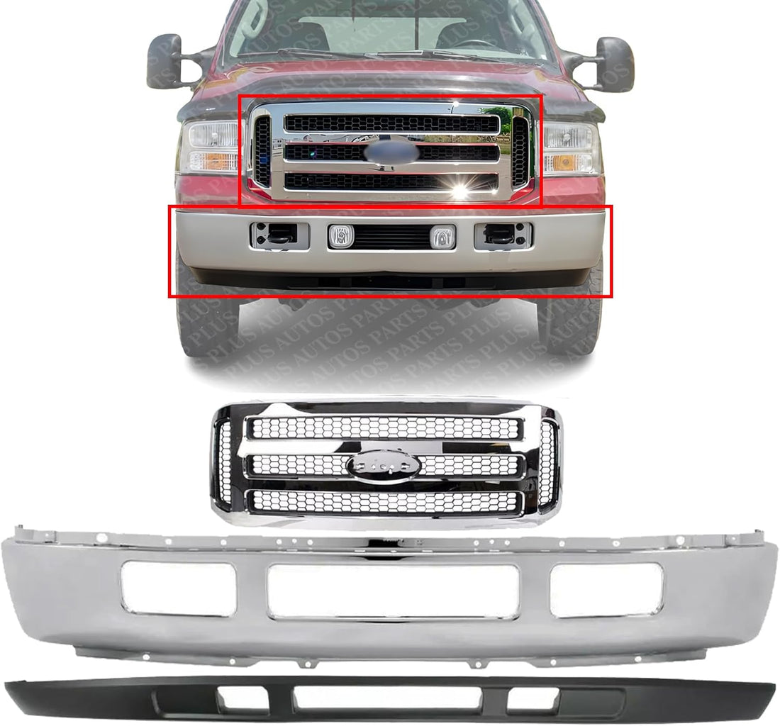 AUTOS PARTS PLUS Front Bumper Chrome Steel + Grille + Lower Valance Textured Direct Replacement Compatible With 2005-2007 Ford F-Series Super Duty / 2005 Excursion FO1200456 FO1002392 FO1095219