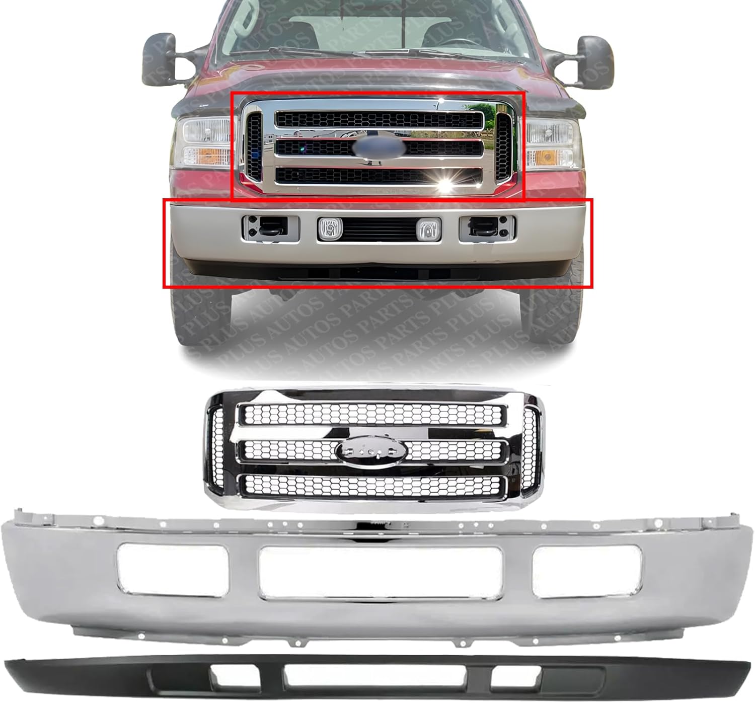 AUTOS PARTS PLUS Front Bumper Chrome Steel + Grille + Lower Valance Textured Direct Replacement Compatible With 2005-2007 Ford F-Series Super Duty / 2005 Excursion FO1200456 FO1002392 FO1095219