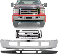 AUTOS PARTS PLUS Front Bumper Chrome Steel + Grille + Lower Valance Textured Direct Replacement Compatible With 2005-2007 Ford F-Series Super Duty / 2005 Excursion FO1200456 FO1002392 FO1095219