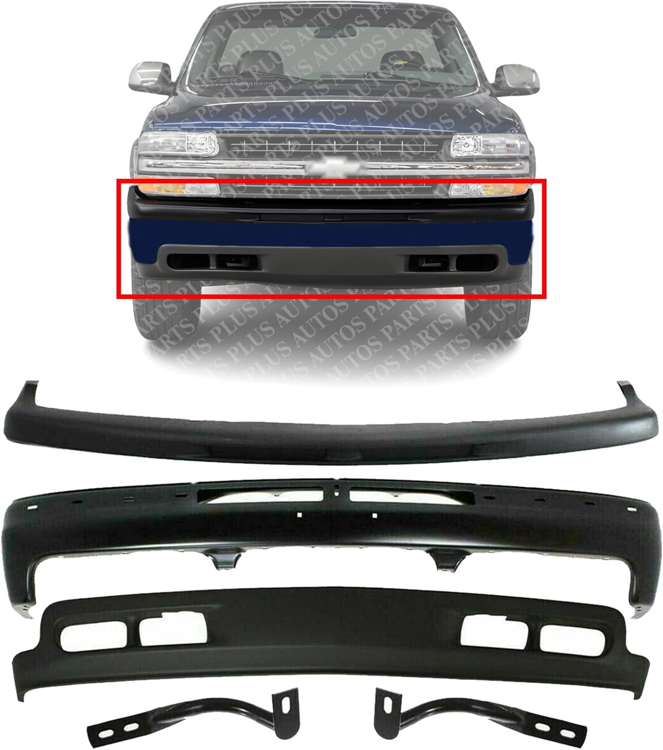 Front Bumper Primed + Lower Valance + Upper Cover Textured + Outer Brace Right & Left Side Direct Replacement Compatible With 1999-2002 Chevrolet Silverado / 2000-2004 Tahoe Suburban
