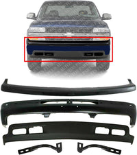 Front Bumper Primed + Lower Valance + Upper Cover Textured + Outer Brace Right & Left Side Direct Replacement Compatible With 1999-2002 Chevrolet Silverado / 2000-2004 Tahoe Suburban