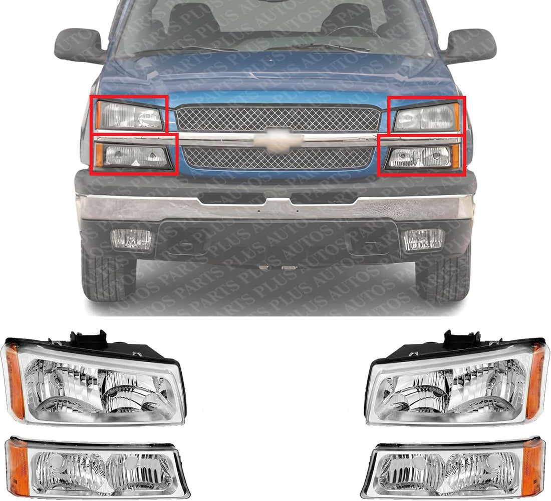 Front Headlights + Signal Light Left Driver & Right Passenger Side Direct Replacement Compatible With 2003-2006 Chevrolet Silverado 1500 2500HD 3500 GM2503224 GM2502224 GM2521185