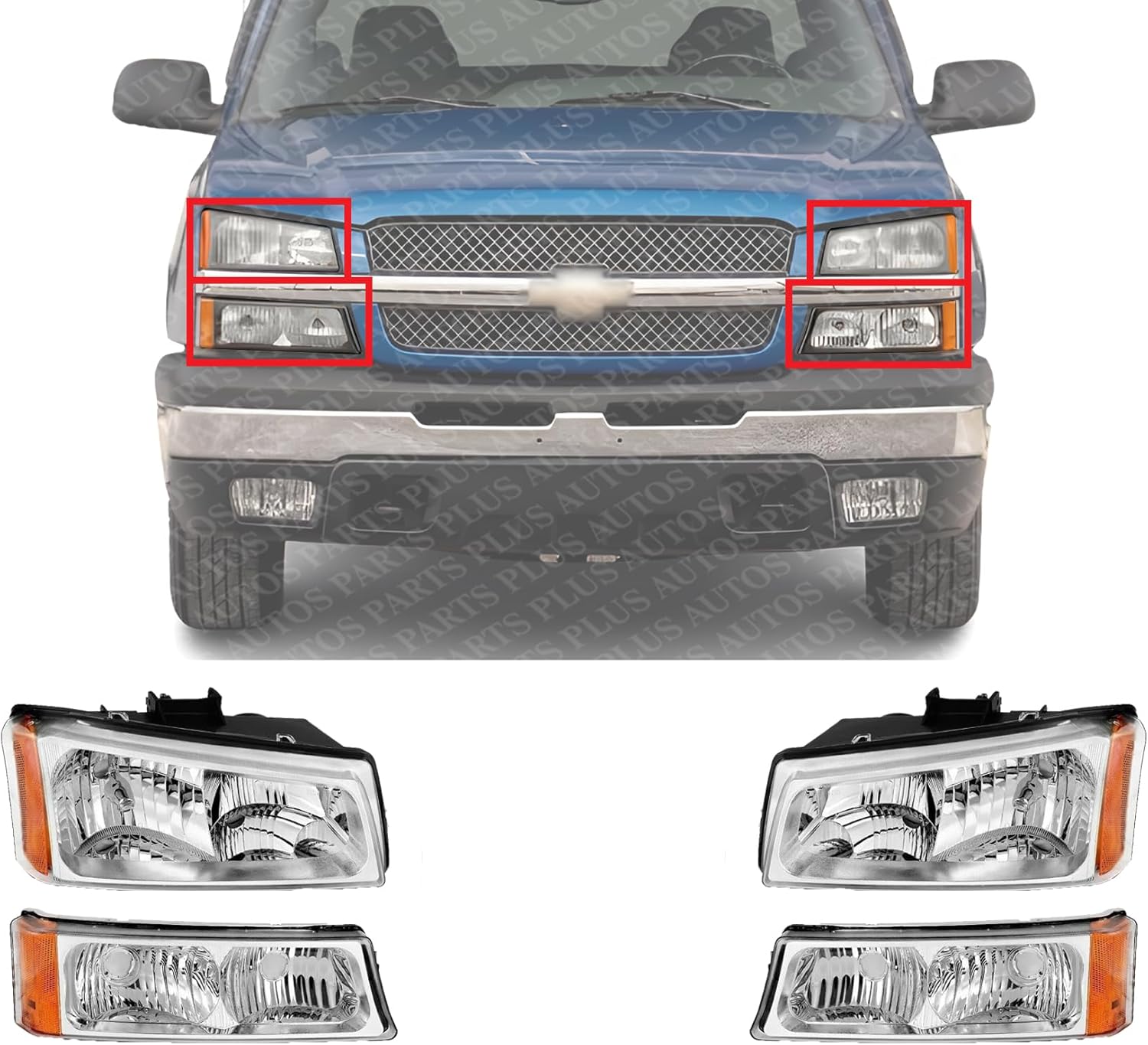 Front Headlights + Signal Light Left Driver & Right Passenger Side Direct Replacement Compatible With 2003-2006 Chevrolet Silverado 1500 2500HD 3500 GM2503224 GM2502224 GM2521185