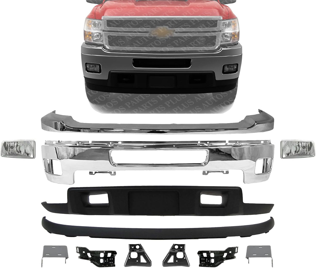Front Bumper + Upper Cover Chrome + Lower Valance + Extension + Fog Lights + Inner & Outer + Impact Brackets Direct Replacement Compatible With 2011-2014 Silverado 2500HD 3500HD