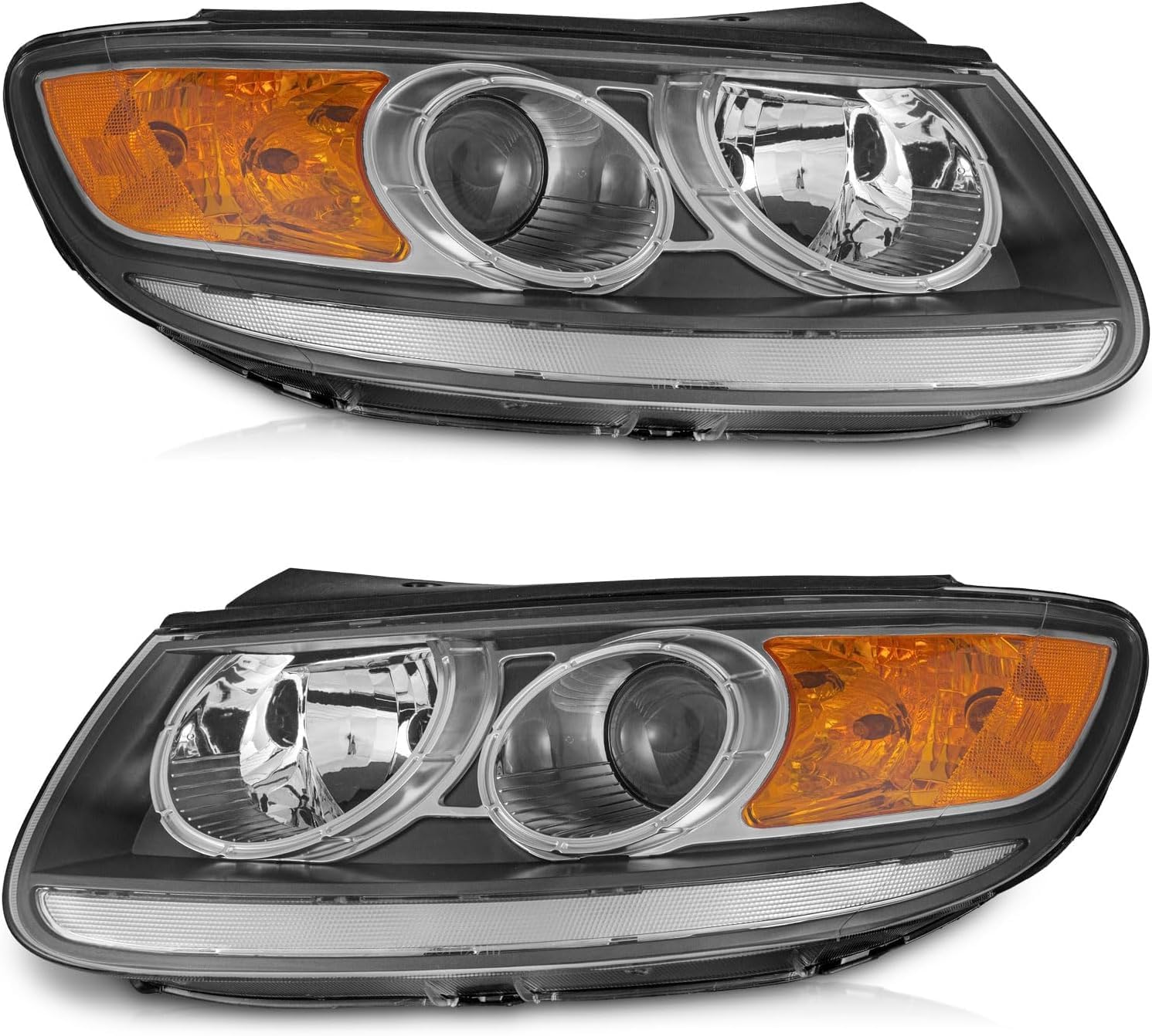 Front Bumper Cover + Valance + Upper & Lower Grille + Molding Chrome + Headlight + Fog Light Cover Left & Right Side Direct Replacement Compatible With 2010-2012 Hyundai Santa Fe