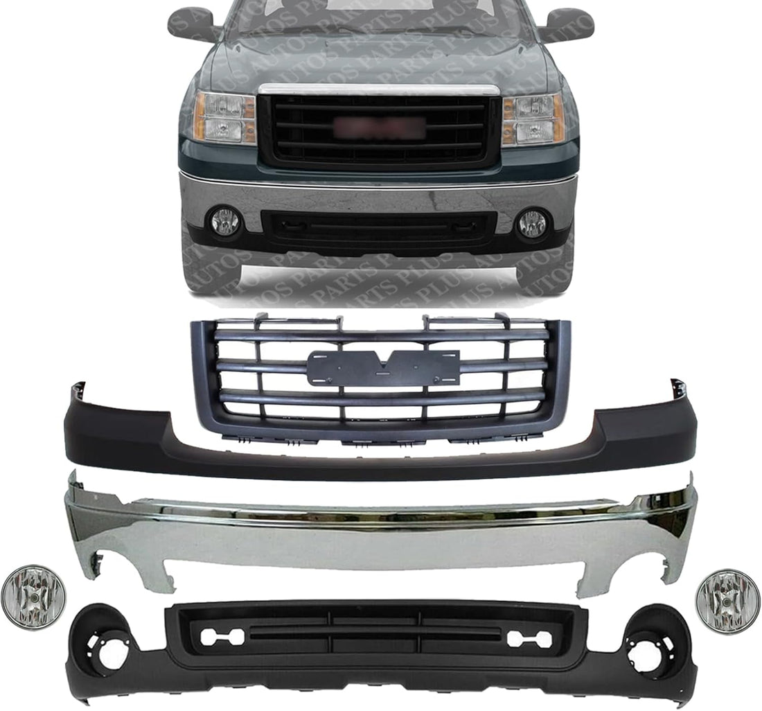 Front Bumper Chrome Steel + Grille + Upper Cover + Lower Valance Air Deflector Textured + Fog Lights Left & Right Side Direct Replacement Compatible With 2007-2013 GMC Sierra 1500