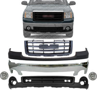 Front Bumper Chrome Steel + Grille + Upper Cover + Lower Valance Air Deflector Textured + Fog Lights Left & Right Side Direct Replacement Compatible With 2007-2013 GMC Sierra 1500