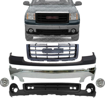 Front Bumper Chrome Steel + Grille + Upper Cover + Lower Valance Air Deflector Textured + Fog Lights Left & Right Side Direct Replacement Compatible With 2007-2013 GMC Sierra 1500