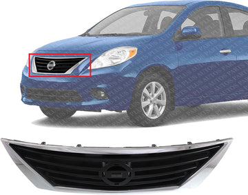 Front Grille Assembly Textured Gray Shell And Insert With Chrome Trim Direct Replacement Compatible With 2012-2014 Nissan Versa NI1200247 623103BA5A