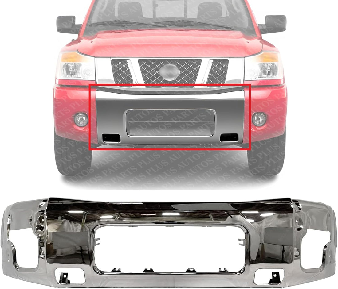 Front Bumper Face Bar Chrome Steel Direct Replacement Compatible With 2004-2015 Nissan Titan / 2005-2007 Armada NI1002136 62022ZR08A