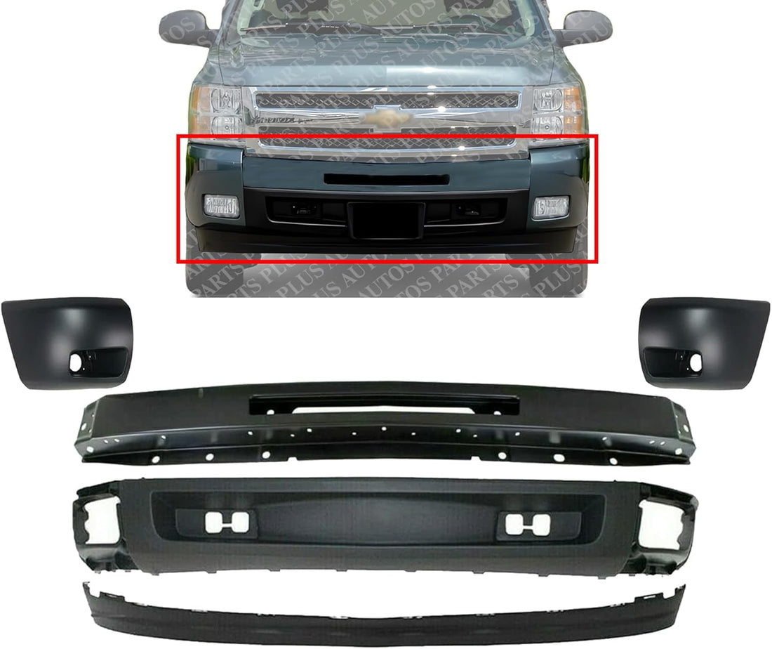 Front Bumper Primed Steel + Lower Valance Air Deflector + Extension Textured + End Caps Left & Right Side Direct Replacement Compatible With Chevrolet Silverado 1500 2007-2013
