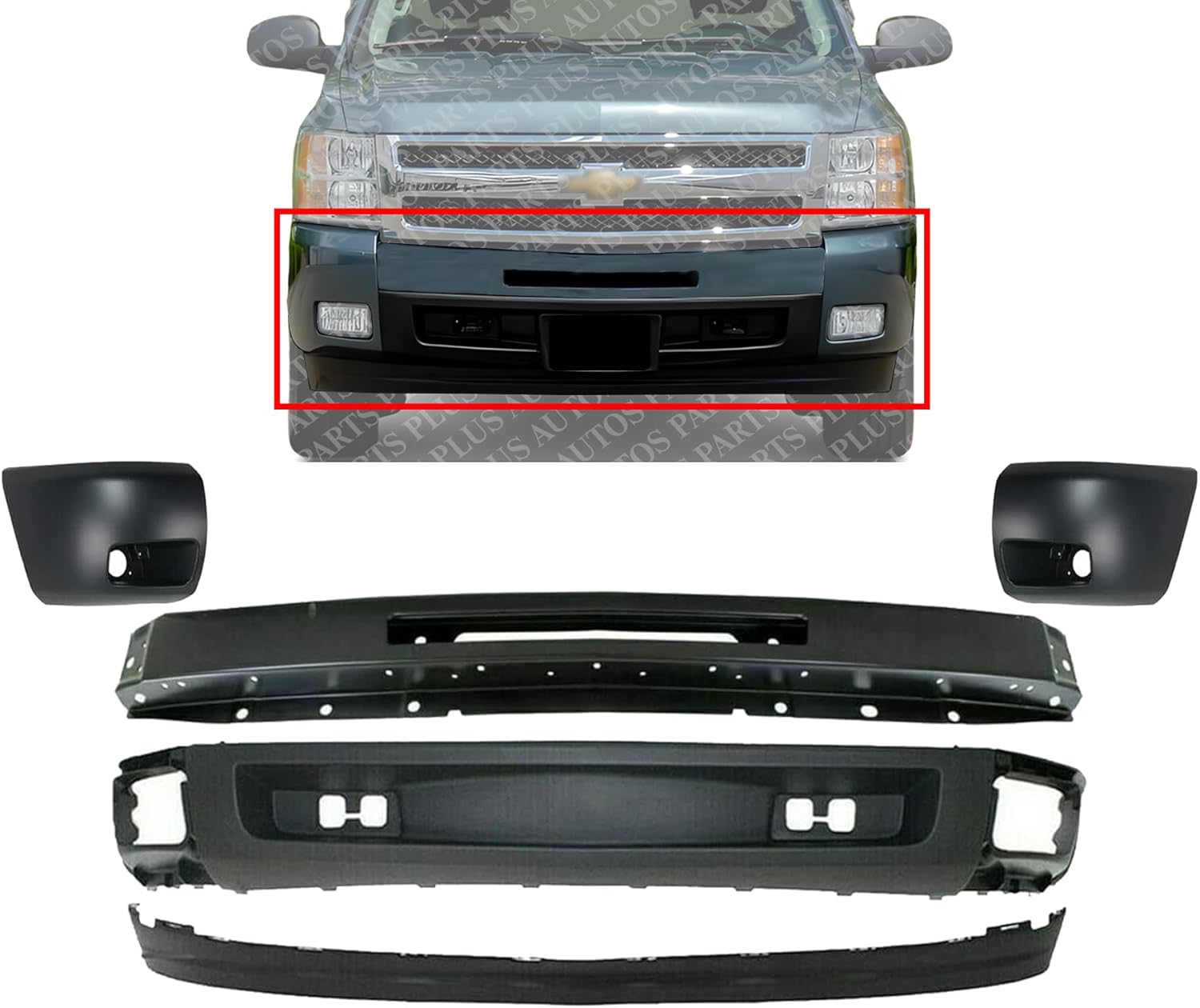 Front Bumper Primed Steel + Lower Valance Air Deflector + Extension Textured + End Caps Left & Right Side Direct Replacement Compatible With Chevrolet Silverado 1500 2007-2013
