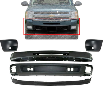 Front Bumper Primed Steel + Lower Valance Air Deflector + Extension Textured + End Caps Left & Right Side Direct Replacement Compatible With Chevrolet Silverado 1500 2007-2013