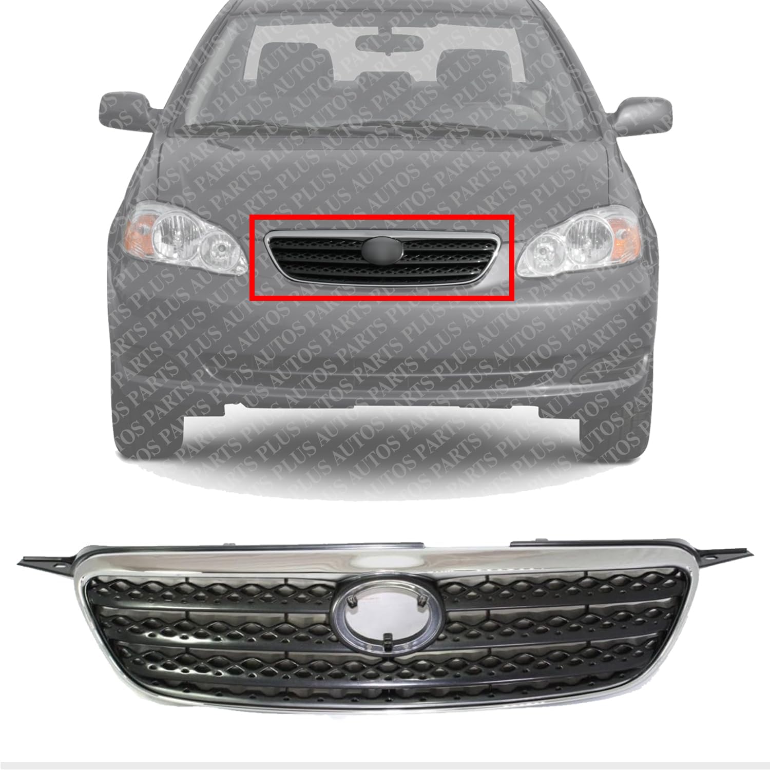 Front Grille Chrome Shell/Painted Dark Gray Insert Direct Replacement Compatible With 2005-2008 Toyota Corolla TO1200278 5310002090