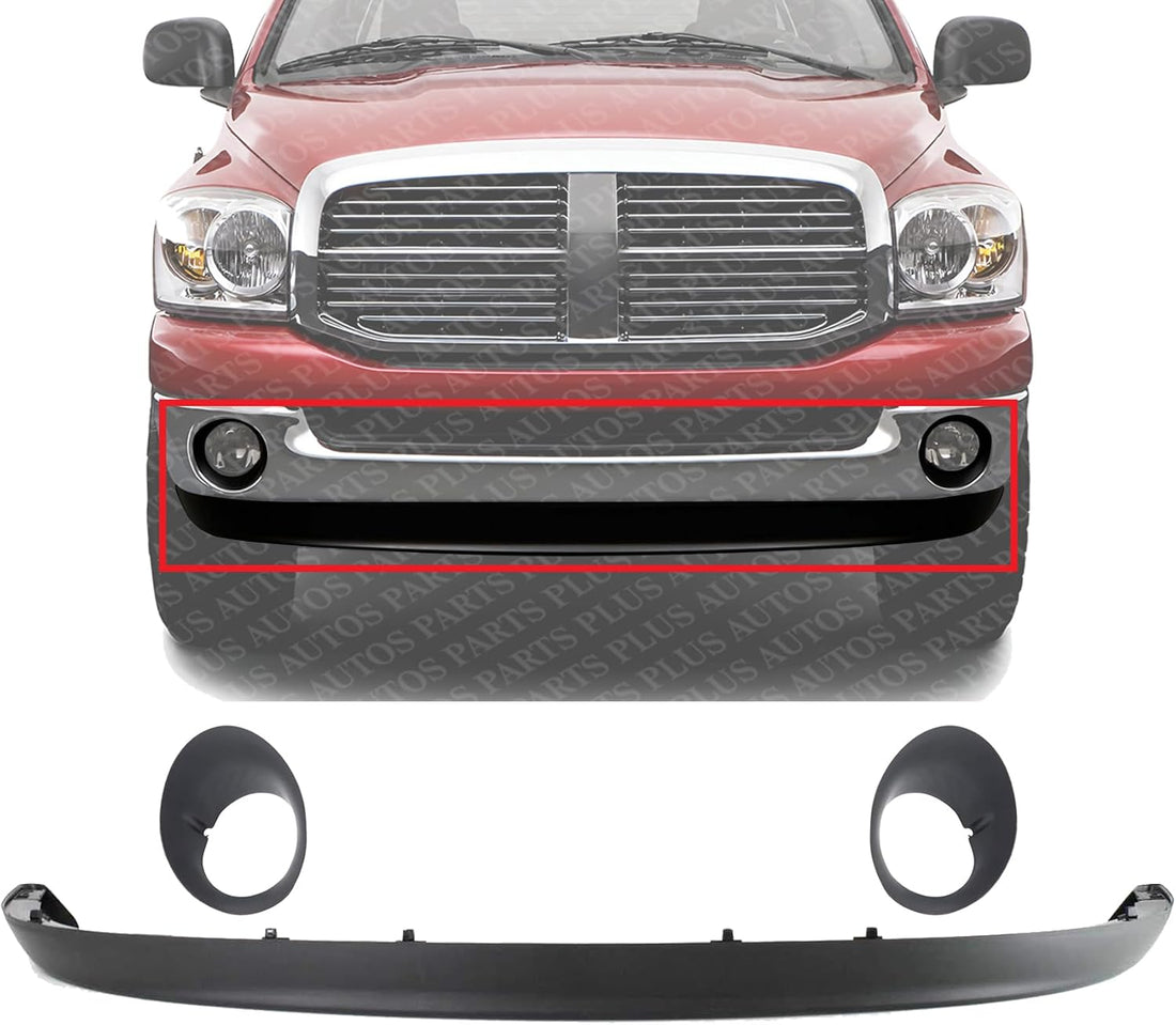 Front Bumper Lower Valance Air Dam Textured + Fog Lamp Moldings Left Driver & Right Passenger Side Direct Replacement Compatible With 2002-2008 Dodge Ram 1500/2003-2009 2500 3500