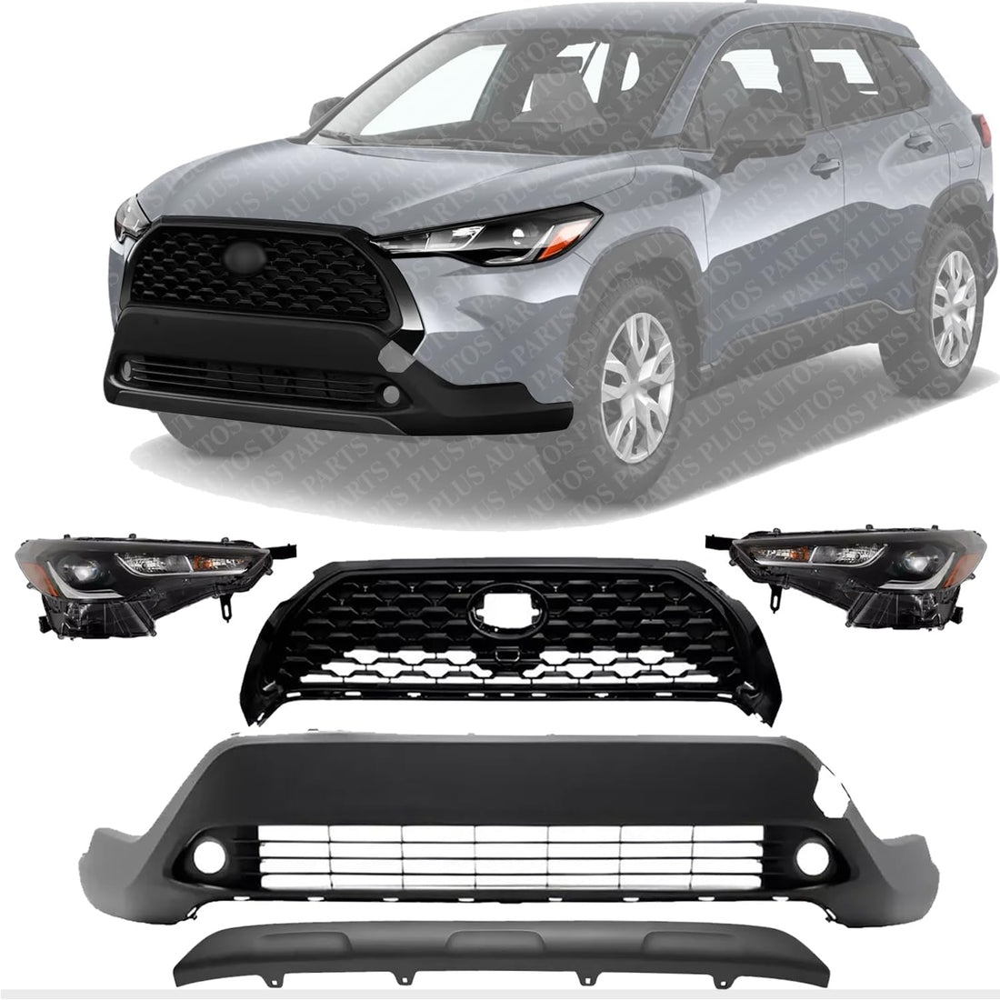 Front Bumper Cover + Upper Grille Mesh Black + Lower Valance Center Molding Primed + Headlights Left & Right Side Direct Replacement Compatible With 2022-2023 Toyota Corolla Cross XLE