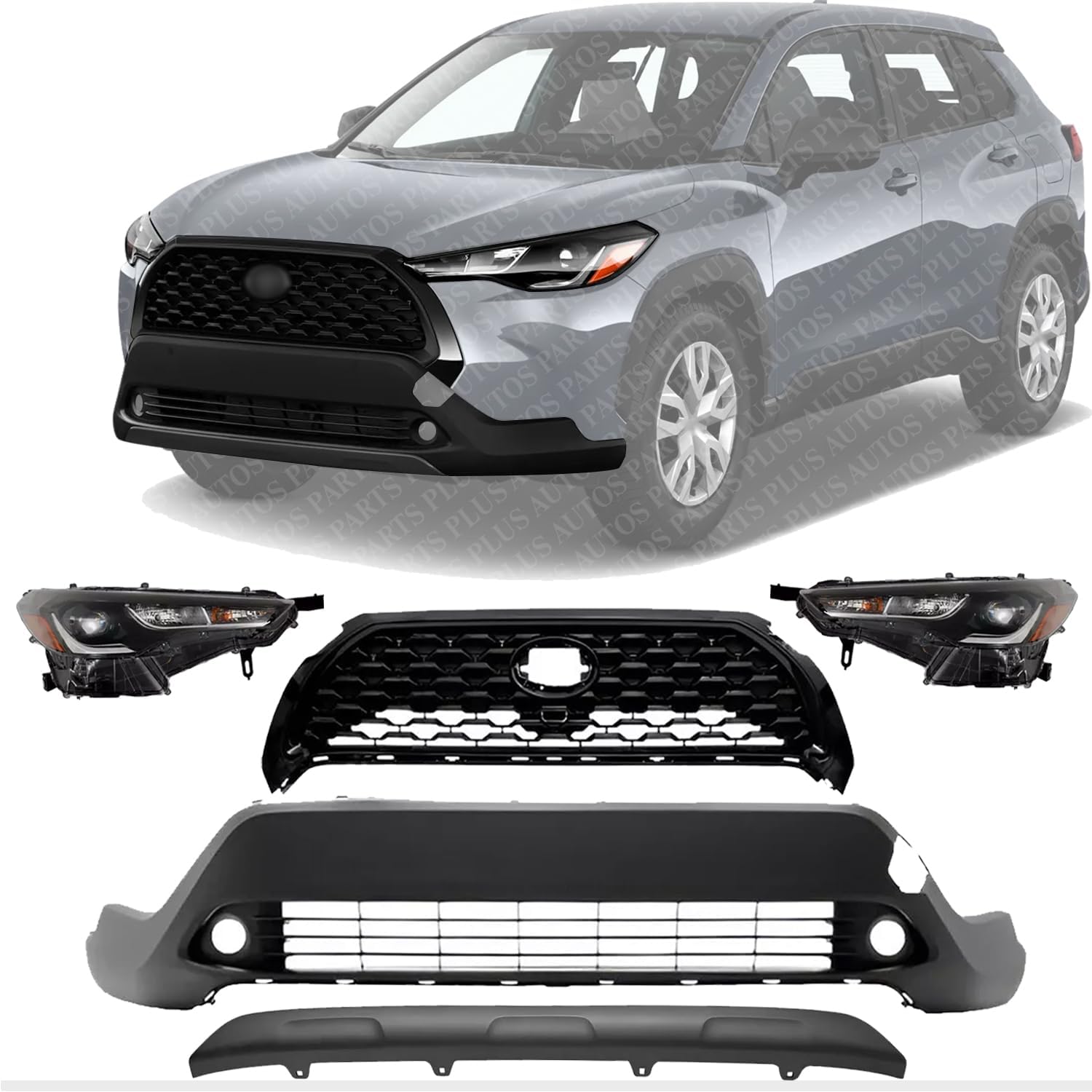 Front Bumper Cover + Upper Grille Mesh Black + Lower Valance Center Molding Primed + Headlights Left & Right Side Direct Replacement Compatible With 2022-2023 Toyota Corolla Cross XLE