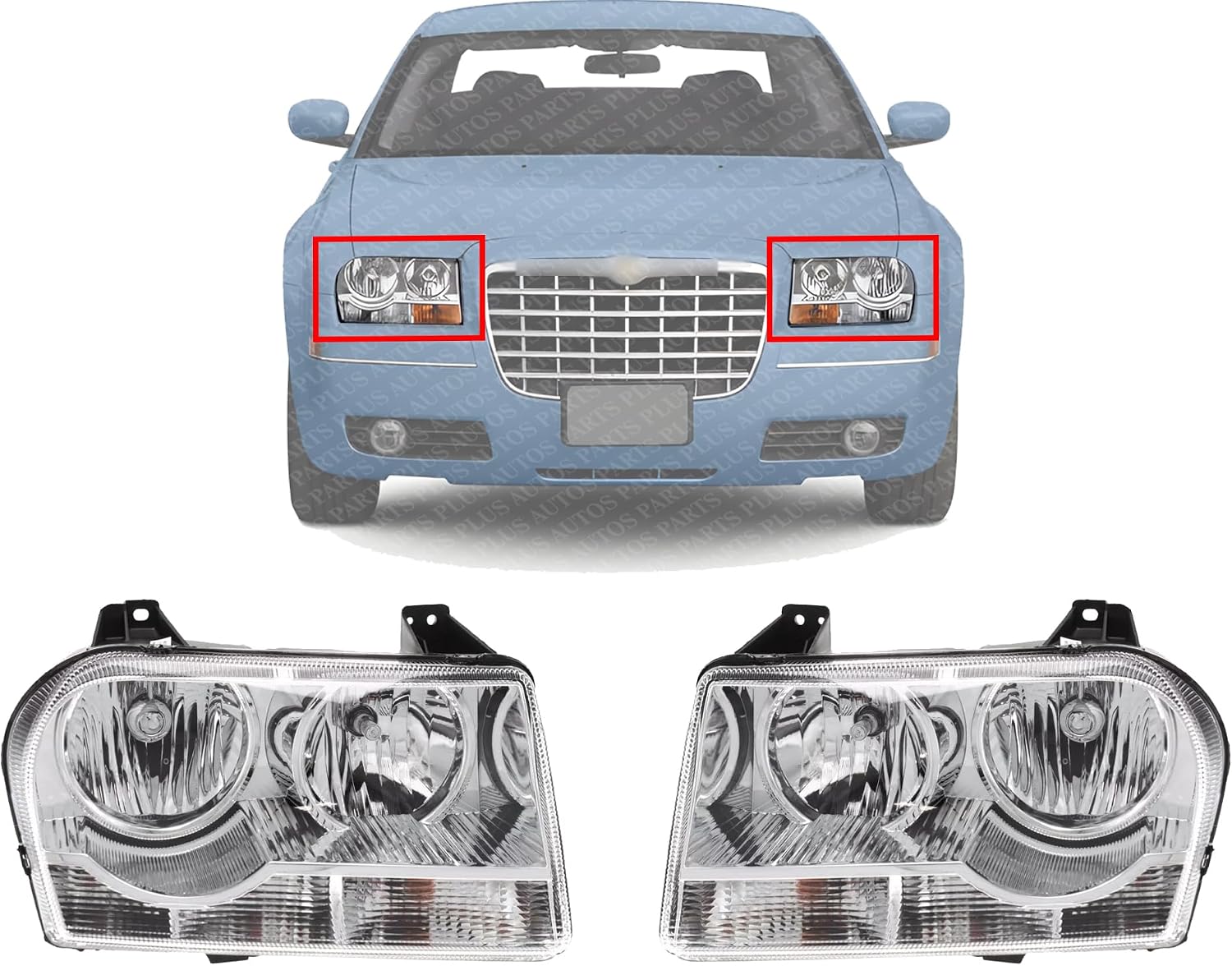 Set Of 2 Front Headlight Assembly Right Passenger & Left Driver Side Direct Replacement Compatible With 2005 2007 2008 Chrysler 300 4805756AH-PFM 4805756AI-PFM 4805757AH-PFM