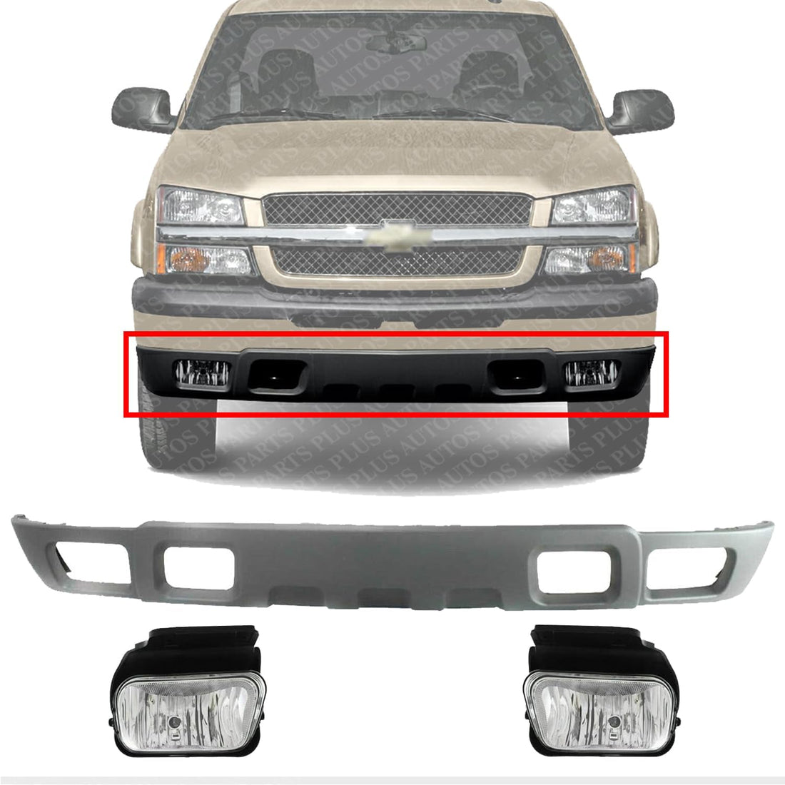 Front Bumper Lower Valance Air Deflector + Fog Lights Left Driver & Right Passenger Side Direct Replacement Compatible With 2004-2006 Chevrolet Silverado 1500 2500HD 3500 GM1092204