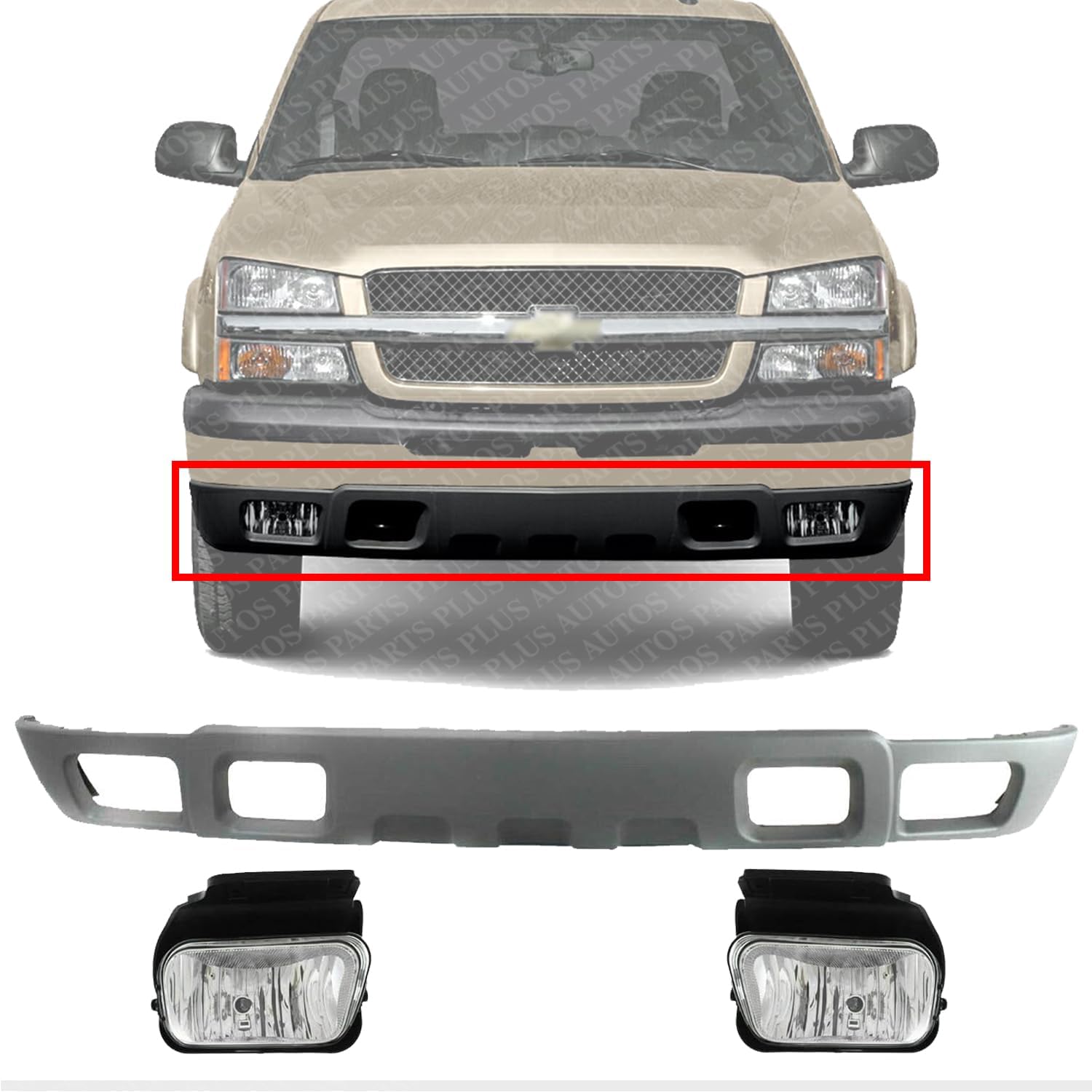 Front Bumper Lower Valance Air Deflector + Fog Lights Left Driver & Right Passenger Side Direct Replacement Compatible With 2004-2006 Chevrolet Silverado 1500 2500HD 3500 GM1092204
