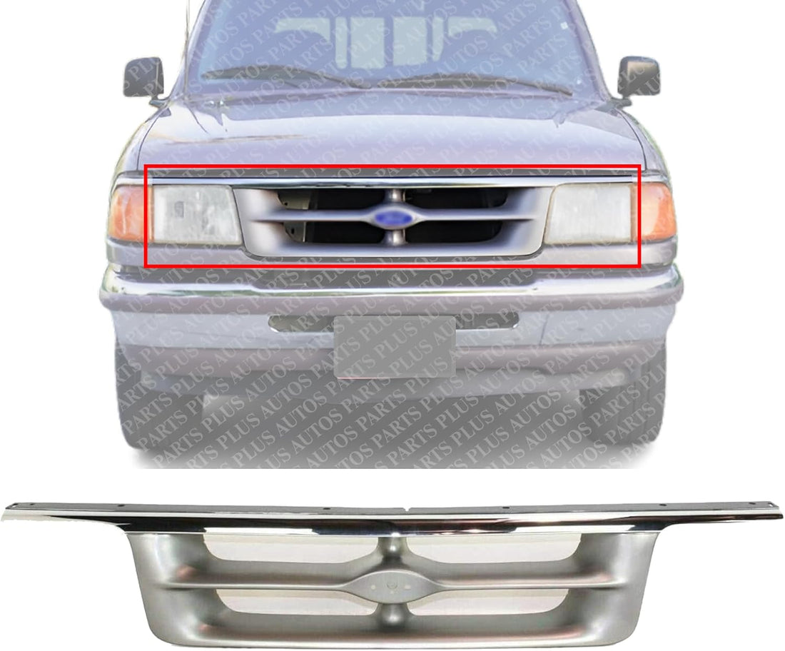 Front Grille Chrome Shell With Painted Silver Gray Insert Plastic Direct Replacement Compatible With 1995-1997 Ford Ranger FO1200317 F57Z8200KK