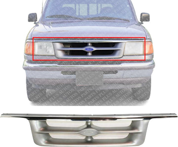 Front Grille Chrome Shell With Painted Silver Gray Insert Plastic Direct Replacement Compatible With 1995-1997 Ford Ranger FO1200317 F57Z8200KK