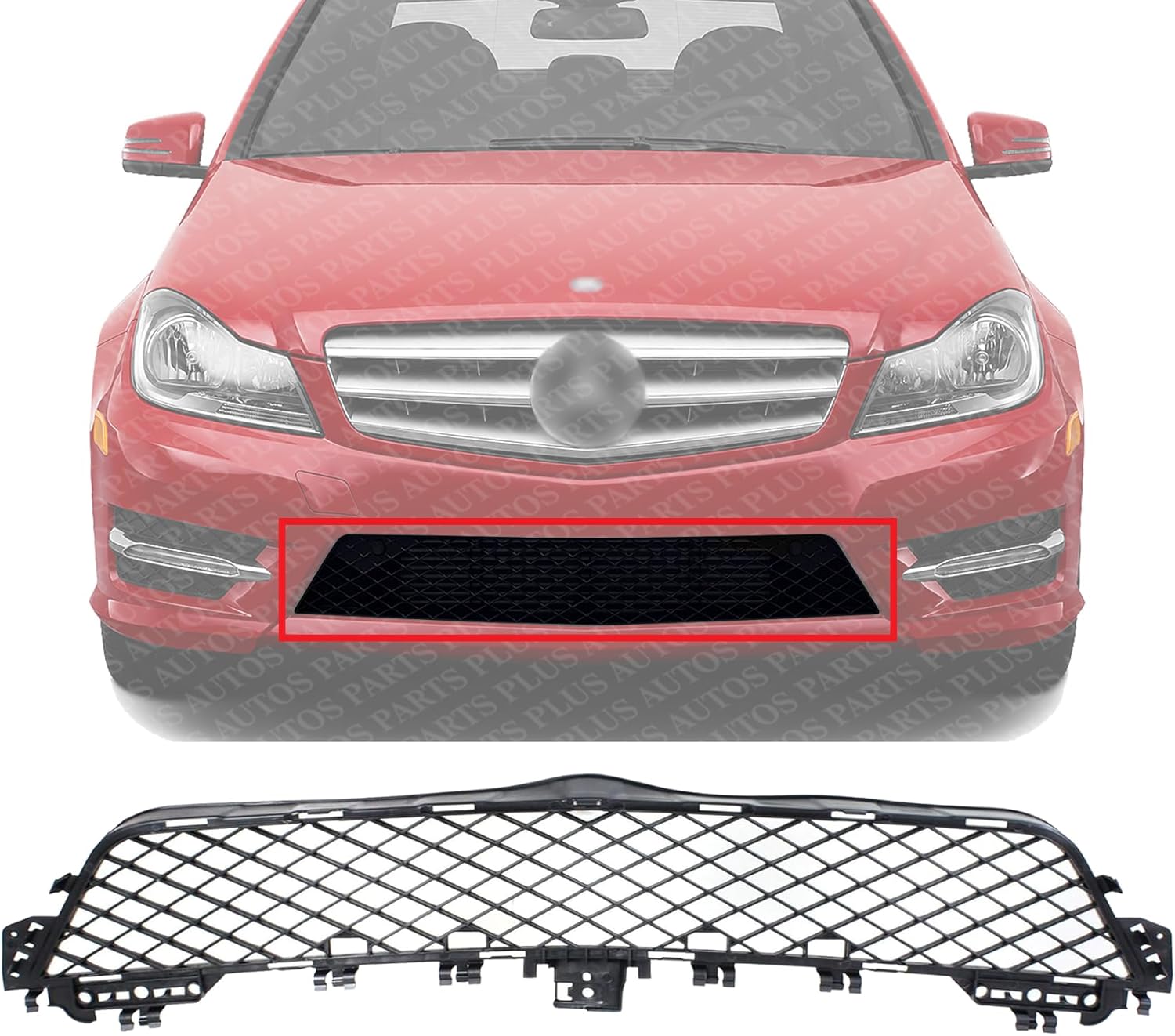 Front Bumper Center Grille Plastic Direct Replacement Compatible With 2012-2015 Mercedes Benz C-Class MB1036151 2048850624