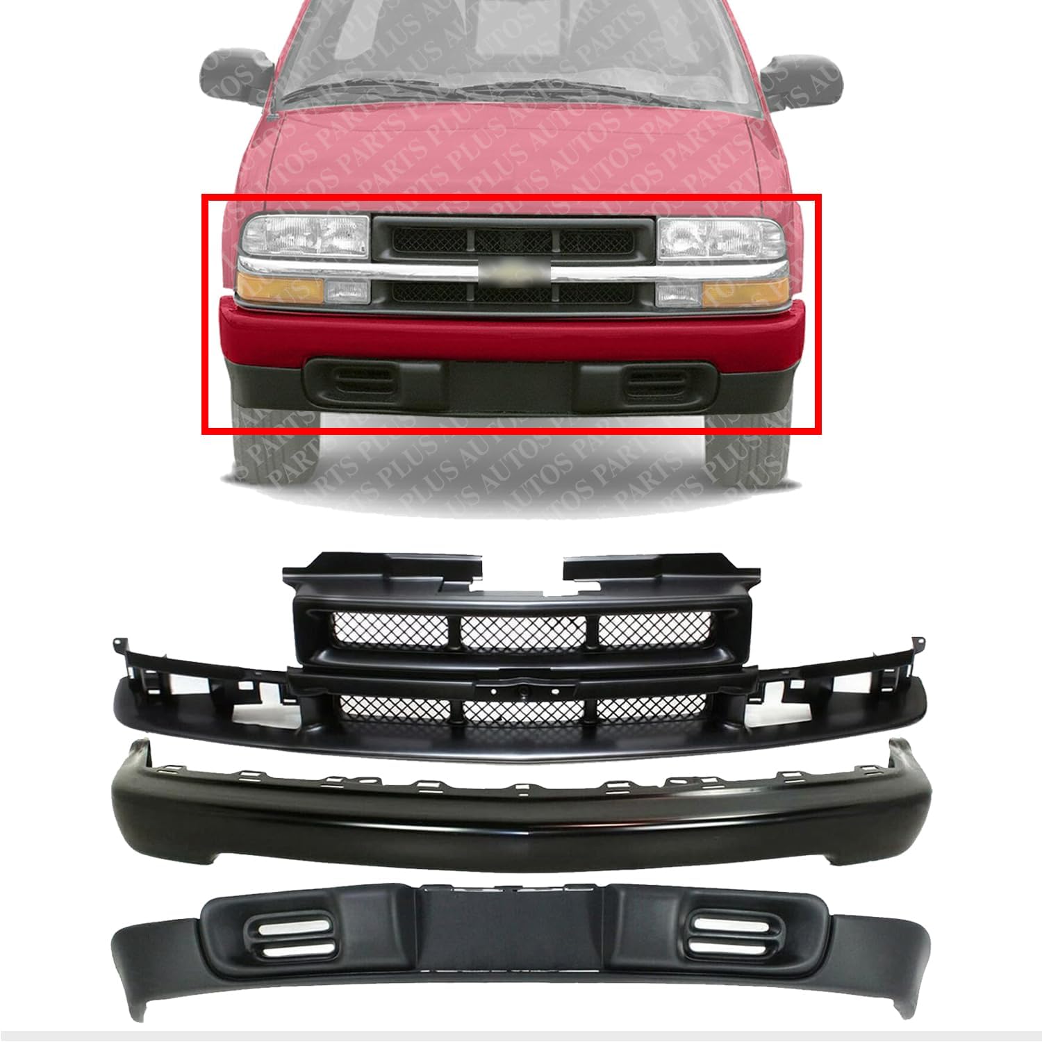 Front Bumper Steel + Grille Primed Shell and Insert + Lower Valance Textured Direct Replacement Compatible With 1998-2005 Chevrolet Blazer 1998-2003 / S-10 GM1002367