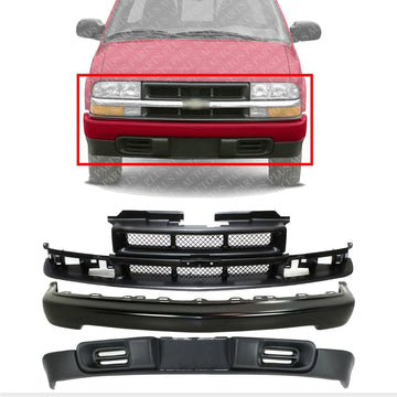 Front Bumper Steel + Grille Primed Shell and Insert + Lower Valance Textured Direct Replacement Compatible With 1998-2005 Chevrolet Blazer 1998-2003 / S-10 GM1002367