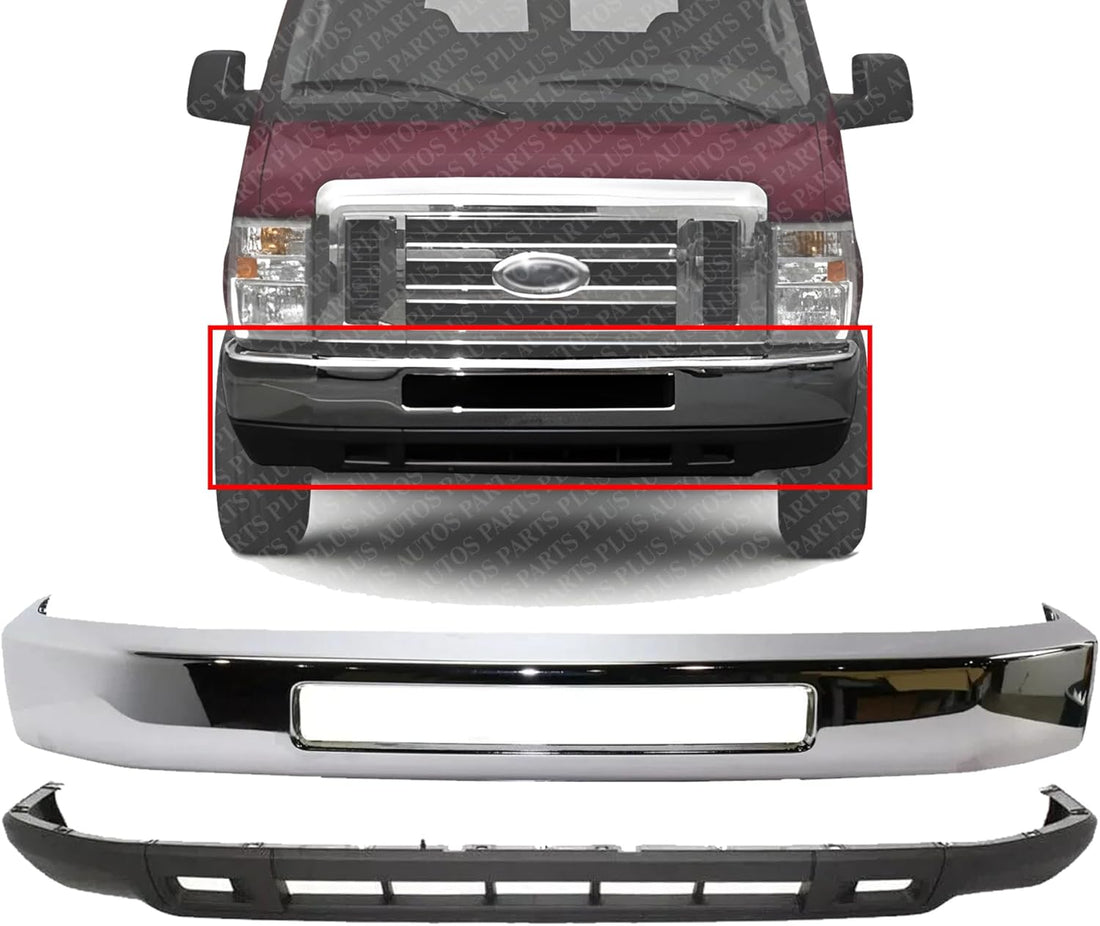 Front Bumper Chrome Steel + Lower Valance Textured Direct Replacement Compatible With 2008-2014 Ford Econoline VAN FO1002410 FO1095226 8C2Z17757B 8C2Z17626AA