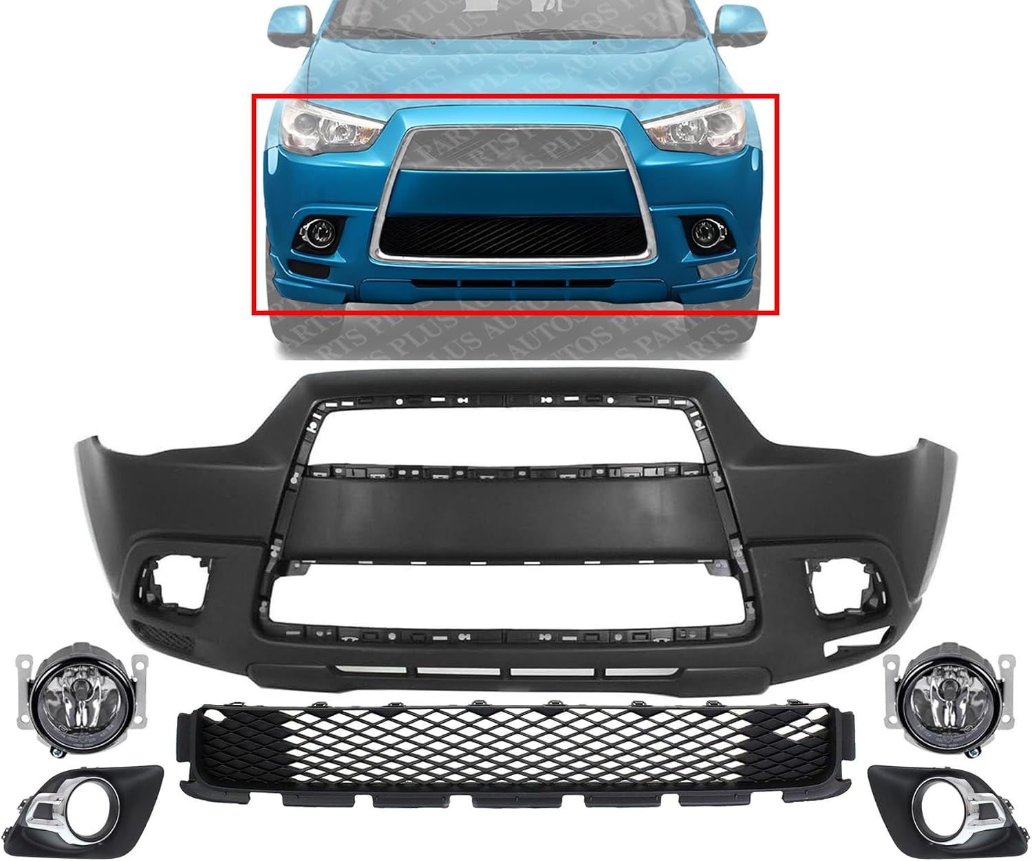 Front Bumper Cover Primed Plastic + Lower Grille + Fog Light + Trim Left Driver & Right Passenger Side Direct Replacement Compatible With 2011-2012 Mitsubishi Outlander/RVR