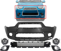 Front Bumper Cover Primed Plastic + Lower Grille + Fog Light + Trim Left Driver & Right Passenger Side Direct Replacement Compatible With 2011-2012 Mitsubishi Outlander/RVR