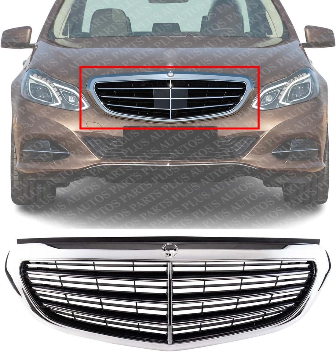 Front Grille Chrome Shell And Insert Plastic Direct Replacement Compatible With 2014-2016 Mercedes Benz E350 MB1200165 2128801483