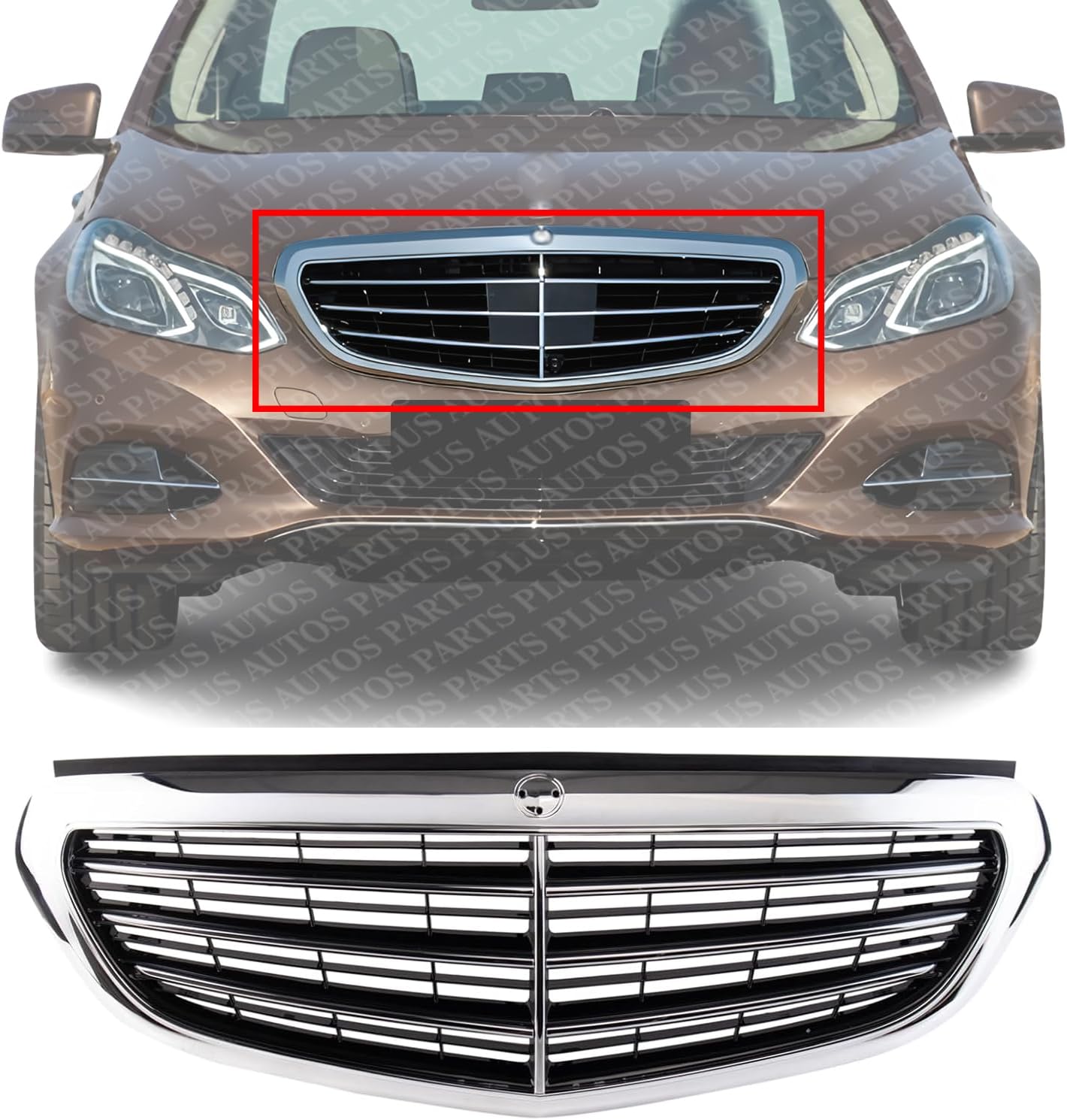 Front Grille Chrome Shell And Insert Plastic Direct Replacement Compatible With 2014-2016 Mercedes Benz E350 MB1200165 2128801483