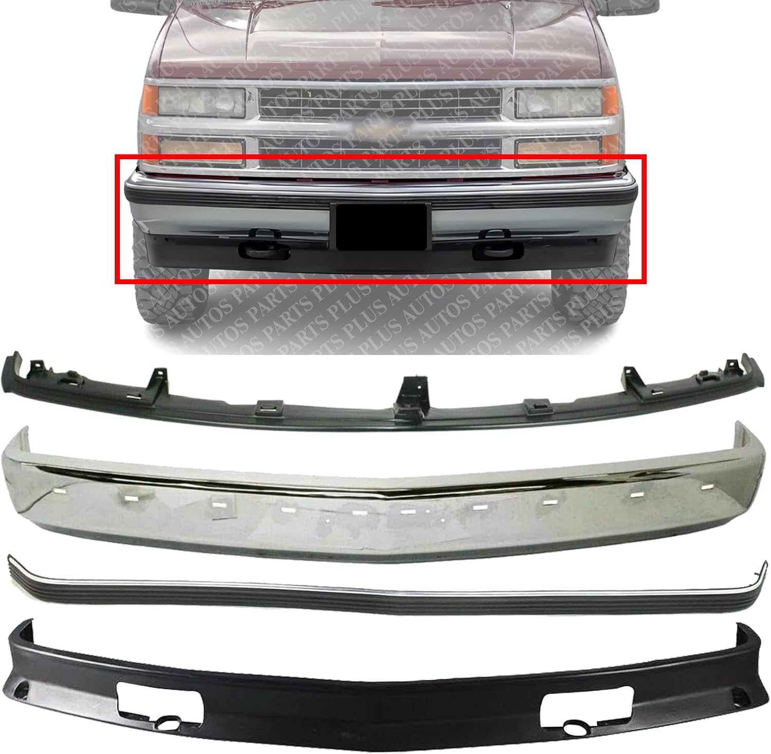 Front Bumper Face Bar Chrome + Molding Impact Strip + Lower Valance Air Deflector + Upper Filler Primed Direct Replacement Compatible With Chevrolet/GMC C/K-Series 1994-2002