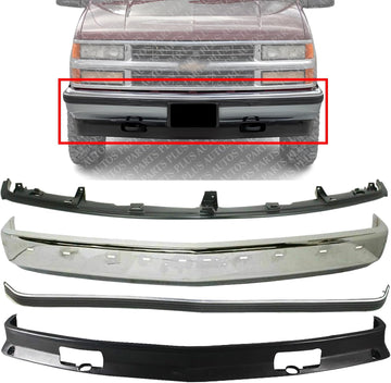 Front Bumper Face Bar Chrome + Molding Impact Strip + Lower Valance Air Deflector + Upper Filler Primed Direct Replacement Compatible With Chevrolet/GMC C/K-Series 1994-2002