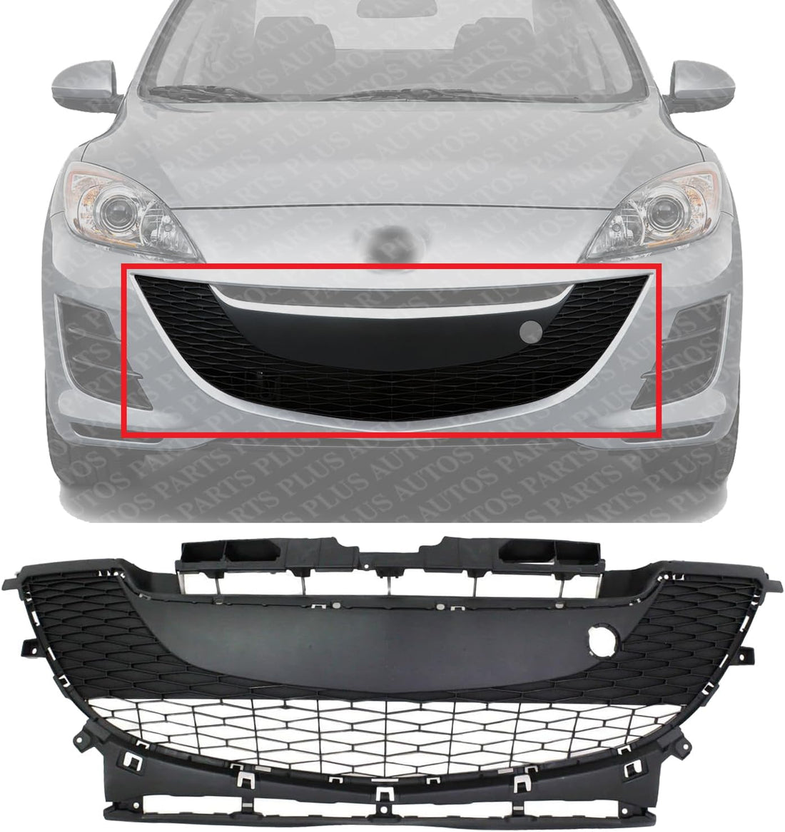 Front Bumper Grille Textured Gray Plastic Direct Replacement Compatible With 2010-2011 Mazda 3 MA1036112 BBM4501T1H