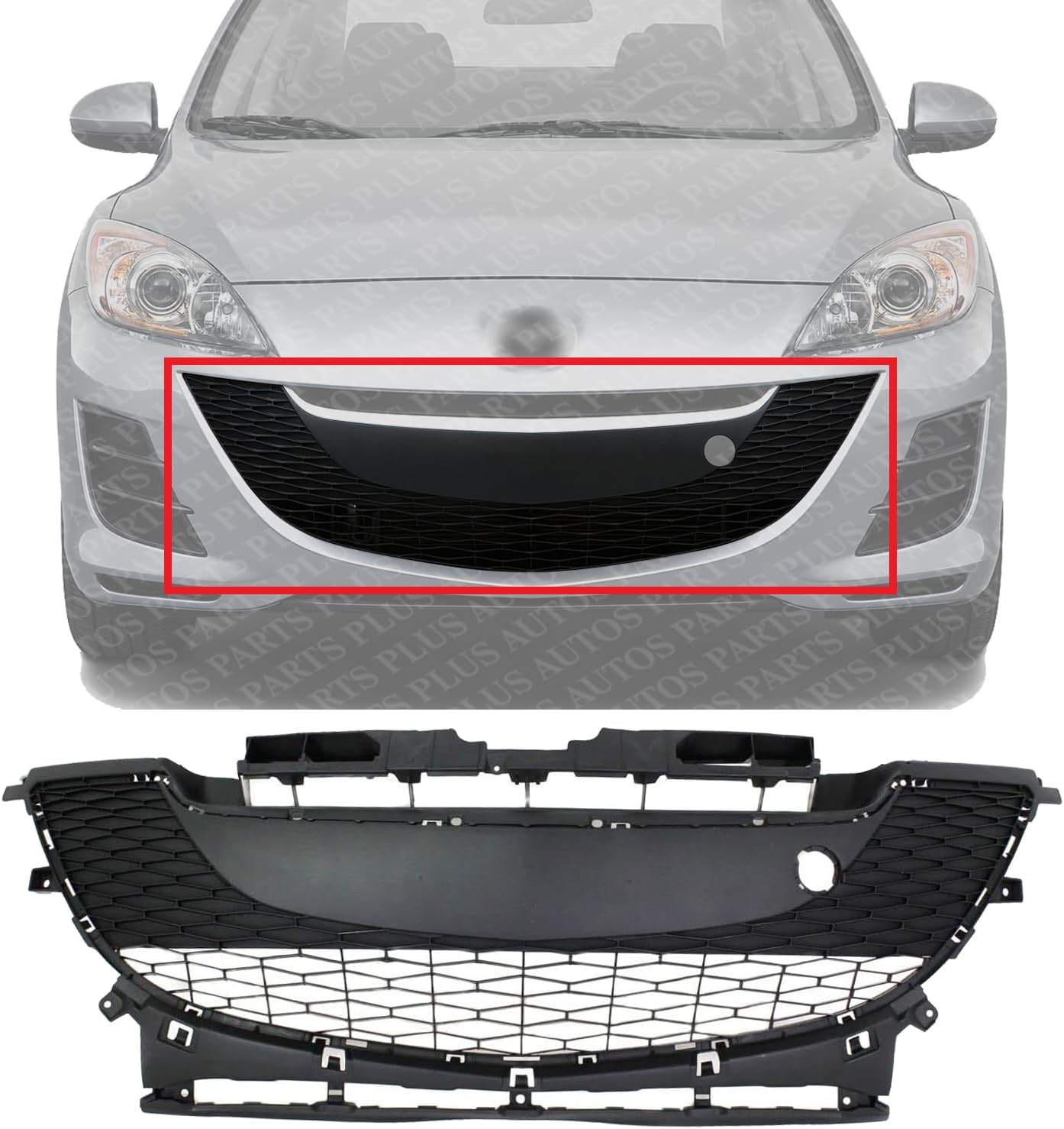 Front Bumper Grille Textured Gray Plastic Direct Replacement Compatible With 2010-2011 Mazda 3 MA1036112 BBM4501T1H