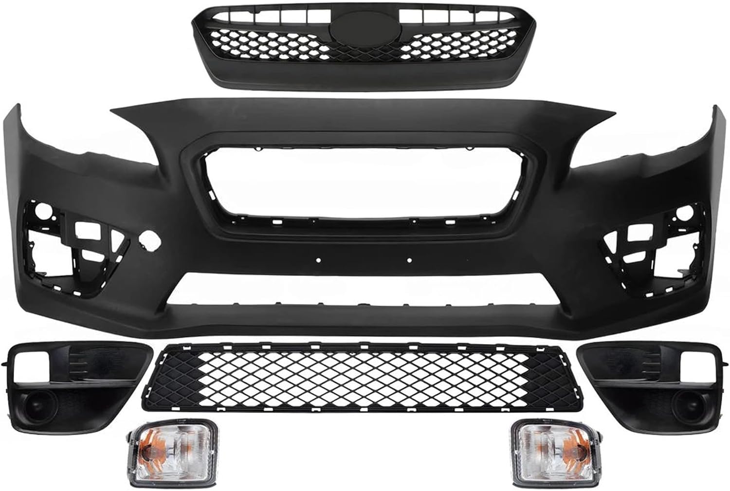 Front Bumper Cover Primed Plastic + Upper & Lower Grille + Fog Lights Cover + Signal Lamp Left Driver & Right Passenger Side Direct Replacement Compatible With 2015-2017 Subaru WRX