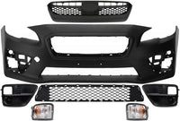 Front Bumper Cover Primed Plastic + Upper & Lower Grille + Fog Lights Cover + Signal Lamp Left Driver & Right Passenger Side Direct Replacement Compatible With 2015-2017 Subaru WRX