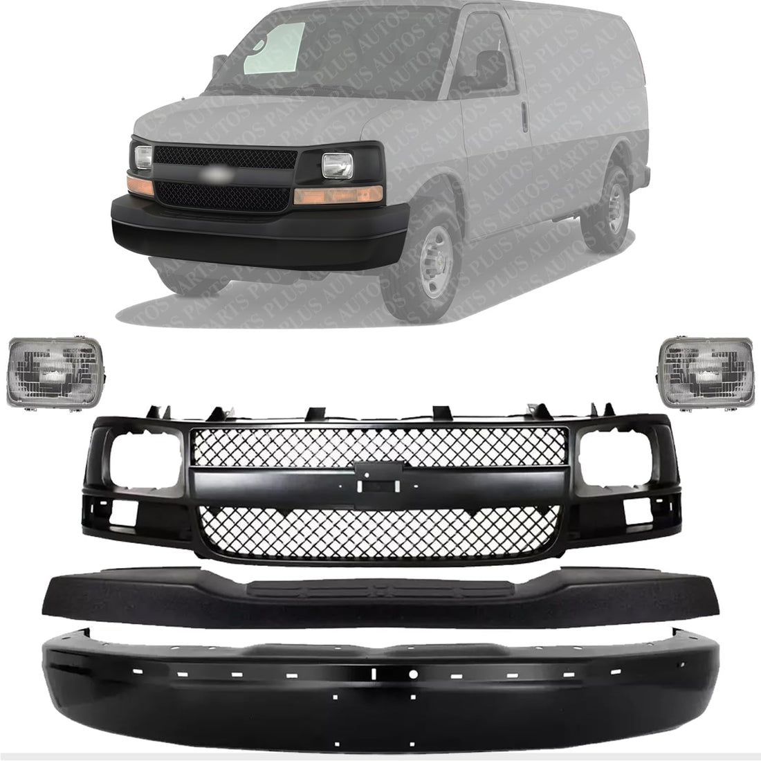 Front Bumper Primed Steel + Upper Cover + Grille Black Shell & Insert + Head Light Left & Right Side Direct Replacement Compatible With 2003-2017 GMC Savana/Chevrolet Express Van