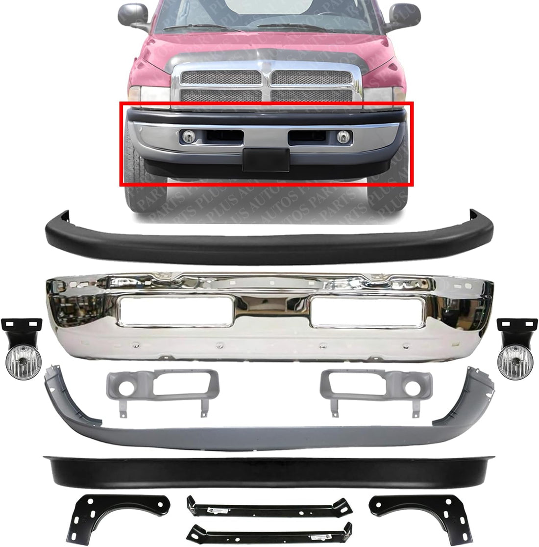 Front Bumper Chrome + Upper & Lower Cover + Valance Textured + Inner & Outer Bracket + Fog Light + Bezels Left & Right Side Direct Replacement For 94-01 Dodge Ram 1500/94-02 2500 3500