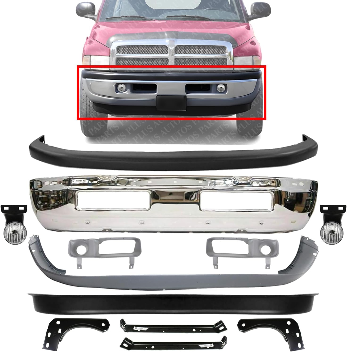 Front Bumper Chrome + Upper & Lower Cover + Valance Textured + Inner & Outer Bracket + Fog Light + Bezels Left & Right Side Direct Replacement For 94-01 Dodge Ram 1500/94-02 2500 3500
