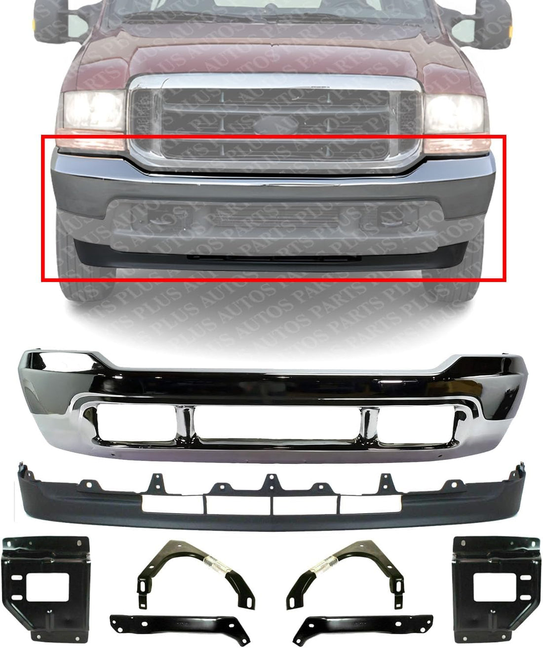 Front Bumper Chrome + Lower Valance + Mounting Plate & Support Brackets Left Driver & Right Passenger Side Direct Replacement Compatible With 2001-2004 Ford F-Series Super Duty