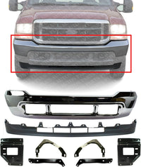 Front Bumper Chrome + Lower Valance + Mounting Plate & Support Brackets Left Driver & Right Passenger Side Direct Replacement Compatible With 2001-2004 Ford F-Series Super Duty
